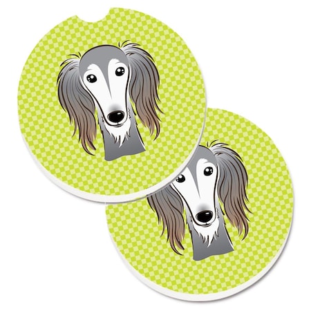 Carolines Treasures Checkerboard Lime Green Saluki Set of 2 Cup Holder Car Coaster BB1291CARC